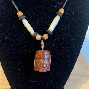 Vintage Brown and Cream Beaded Necklace with Carved Pendant